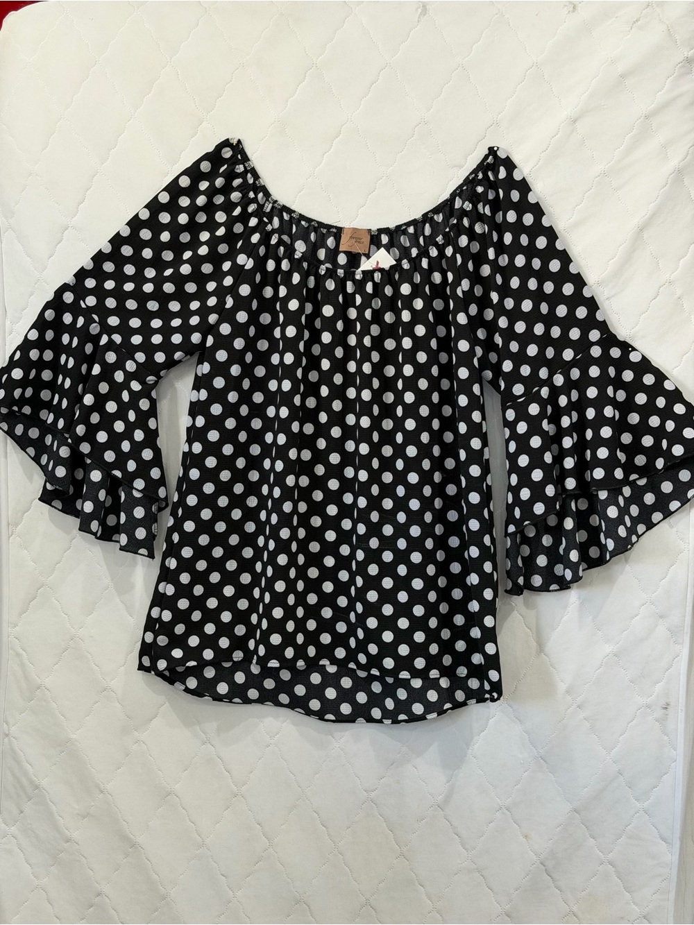 Forever Grace Black and White Polka Dot Off-Shoulder Bell Sleeve Top, NWT, L